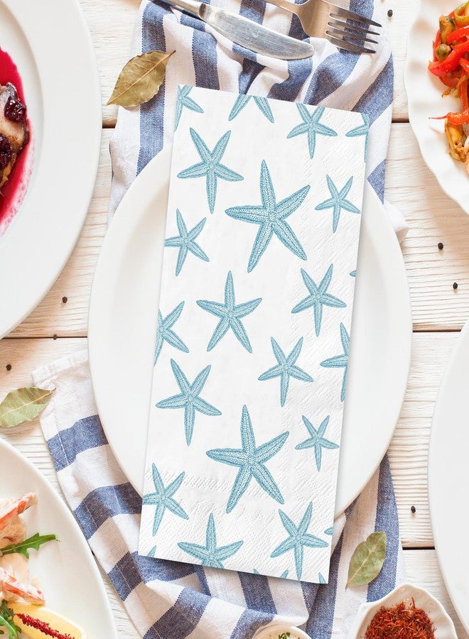 JarThenaAMCS مناديل جارثينا إيه إم سي إس، 100 قطعة، زرقاء اللون، بتصميم نجم البحر، للاستخدام مرة واحدة، مصنوعة من ورق مقوى بنقشة بحرية، مثالية لتزيين طاولات الحفلات. - Image 3